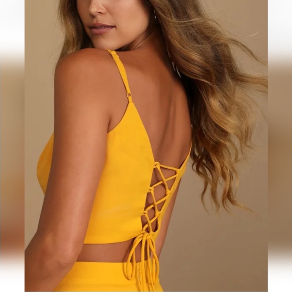 NWT Lulus Out Tonight Mustard Yellow Wide Leg Two Piece Set Size XXL - Picture 3 of 6